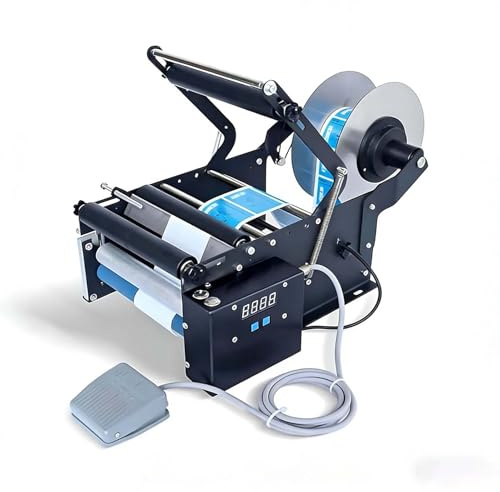 SIEEOUR Elektrisk Rund Flaska Etiketteringsmaskin, Justerbar & Halvautomatisk Etikettmaskin Med Fotpedal, 30-40 Enheter/Min För G-las, Plast, Metall, Vinflaskor Och Diy-Projekt,Matflaskor(Standard)