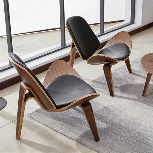homary Set of 2 Leather Walnut Tripod Accent Chairs, High Back Lounge Chairs with Soft Faux Leather Upholstery & Solid Wood Frame for Living Room Bedroom