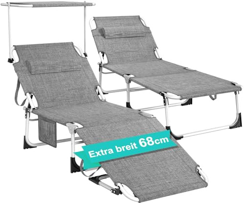 WoRaum Strandliege Klappbar Leicht mit Sonnendach 194x68cm – Groß Liegestuhl mit 4-Fach Verstellbarer Rückenlehne & 360° Sonnenschirm, inkl. Seitentasche & Tragegurt (Campingstuhl, Leinen-Grau, 2PCS)
