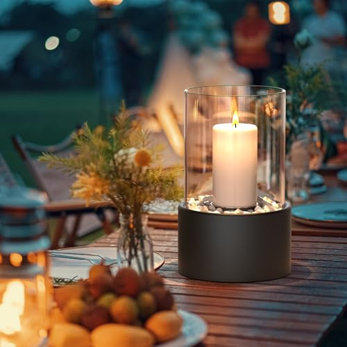 DELEMOPUER Tischfeuer Indoor & Outdoor Rund Terrasse Deko Windlichtsäule Garten Kerzenständer Schwarz mit Windlicht Glas Laternen für draußen 16.5 x 27CM, für Dates, Geschenkidee, Familientreffen