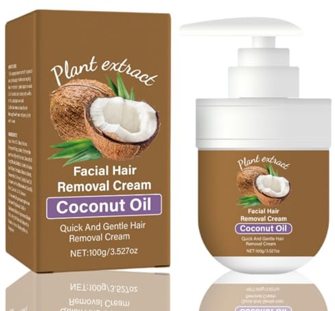 100ML Gentle Coconut Oil Facial Hair Removal Cream for Women, Depilatory Cream for Upper Lip, Chin & Beard, Moisturizing & Soothing, Quick Smooth Care for Sensitive Skin, Quick Smooth Facial Care