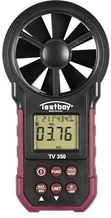 Testboy TV 350 digitales Anemometer (für Heizungs-, Lüftungs- und Klimaanlagenbau, beleuchtetes LC-Display, Min-/Maxwertspeicher, USB-Schnittstelle zur Auswertung der Daten am PC), Rot/Schwarz