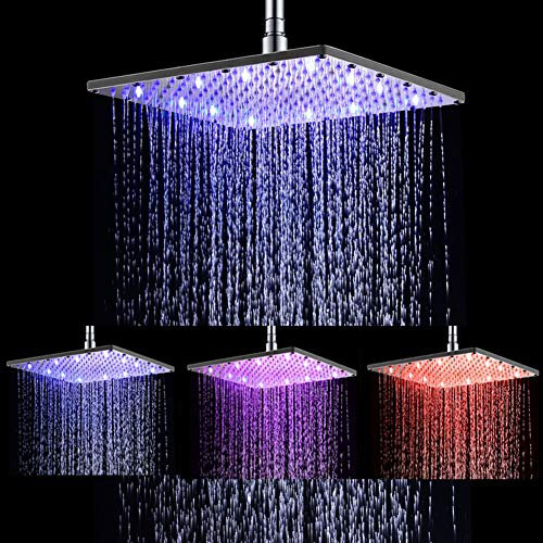 Ehauuo Led Shower Head 12inch Square Stainless Steel Shower Spray Water Temperature Controlled Rainfall 3 Color Changing High Pressure Bath Shower