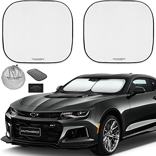 Autoamerics 2-Piece Windshield Sun Shade - Foldable Car Front Window Sunshade for Most Compact Sports Cars - Auto Sun Blocker Visor Protector Blocks 99% UV Rays and Keeps Your Vehicle Cool - Small Fit