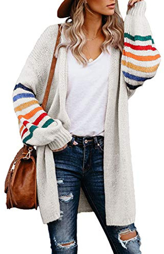 Dokotoo School Outfits for Teachers Early Fall Fashion Balloon Long Sleeve Open Front Chunky Cardigan Sweaters Winter Clothing for Women Color Block Knit Sweaters Outwear Coat Fall Clothes White M