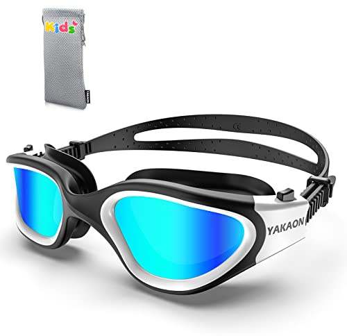 YAKAON Kids Swim Goggles 6-14, Wide View and Clear Vision Underwater, Anti-Fog, UV Protection, Polarized Mirrored Lenses & Leak-Proof Seal for Boys/Girls in Pools or Openwater