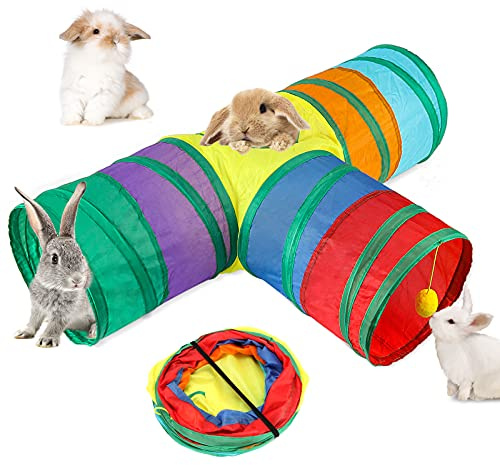 BWOGUE Bunny Tunnels & Tubes Collapsible 3 Way Bunnys Hideout Small Animal Activity Tunnel Toys for Dwarf Rabbits Guinea Pigs Kitty