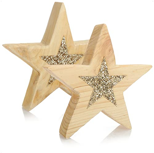 COM-FOUR® 2X Estrella de Madera - Estrella Decorativa de Madera Maciza - Decoración para Invierno y Navidad - 20cm (02 Piezas - Mediano - con Purpurina)