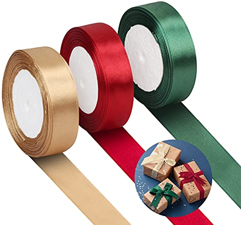 LAMEK 75Yard Satinband Set 3Rollen 20mm Schleifenband Satin Geschenkband Seidenbänder zum Basteln Dekoband für Geschenkverpackung Weinachten Hochzeit Valentinstag Neujahr(Dunkelgrün Burgunder gold)