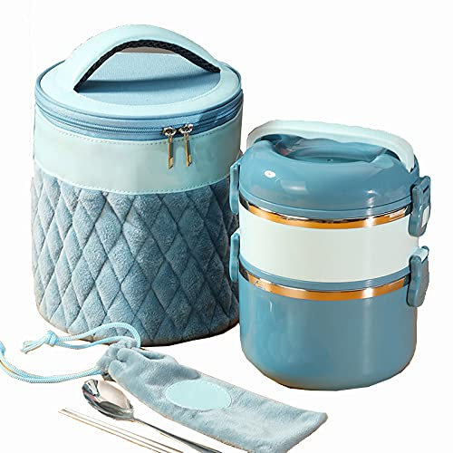 SJASD 2 Ebenen Bento Box Lunchbox,Auslaufsichere Thermobehälter Lunchbox für Erwachsene,Stapelbare Speisegefäß für Essen für Schule Arbeit Picknick,mit Löffel Essstäbchen und Lunchtasche,Blau