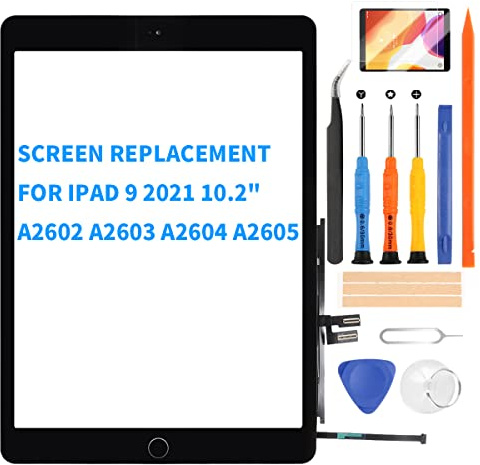 Ersatzdisplay Kompatibel für iPad 9 (9. Generation) für iPad 10.2 2021 Touch Glas Panel Digitizer Modell A2602 A2603 A2604 A2605 Reparaturset + Home-Button mit Displayschutz Glas +Werkzeug (schwarz)