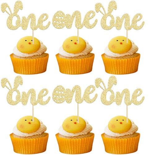 Gyufise 24 Stück Some Bunny is One Cupcake-Topper, Hasenohr, ein Cupcake-Picks, Happy Easter, erster Geburtstag, Babyparty, Kuchen-Picks, Partyzubehör, Gold-Glitzer