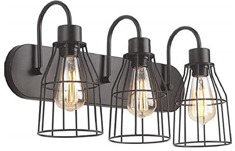 Industrielle Waschtischlampe Vintage Spiegel Frontlampe Badezimmerleuchte, Retro 3-Licht-Drahtkäfigschirm Schwarze Metall-Waschtisch-Wandleuchte, Bauernhaus-Bad-Waschtischlampen