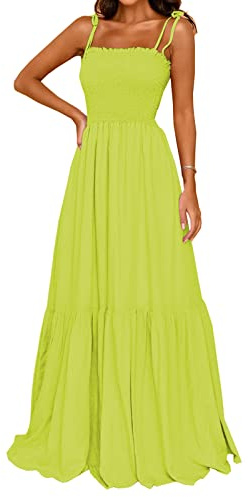 kinstell Abito Lungo Lungo da Donna 2025 Estivo Casual Boho Senza Maniche con Spalline Sottili Punto Smock Collo Quadrato Volant Una Linea da Spiaggia, Giallo, S