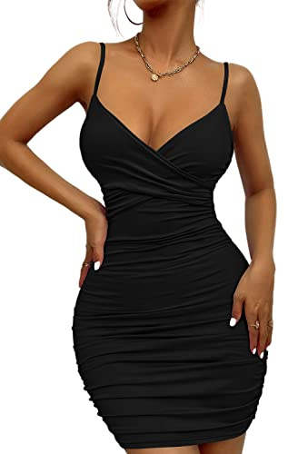 Zesoyne Womens Sexy Mini Bodycon Ruched Tank Dress Spaghetti Strap Vneck Party Short Wrap Cami Clubwear Outfit XS Black