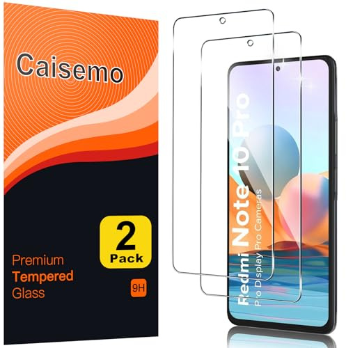 Caisemo Paquete de 2 protectores de pantalla de vidrio templado para Xiaomi Redmi Note 10 Pro, dureza 9H, antiarañazos, tacto suave