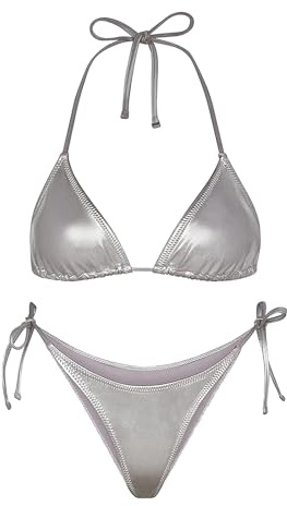 Ella Lust Metallic-Bikini für Damen - Silberner Badeanzug, hoch taillierter Tanga-Unterteil mit seitlichen Bändern, Triangel-Oberteil, glänzender Badeanzug(Silver,L,1026r)