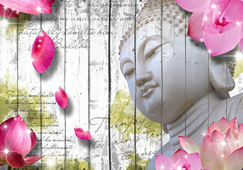 wandmotiv24 Fototapete Holz Blüten Buddha Gelb, 200 x 140cm - selbstklebende Strukturtapete, Wanddeko, Wandbild, Wandtapete, Zaun, Blumen, Schrift M1592