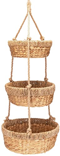 Decorasian Obstkorb hängend, Große Etagere mit 3 Körben aus Wasserhyazinthe - Obstregal zur Aufbewahrung von Obst und Gemüse - Hänge-Korb - 34cm