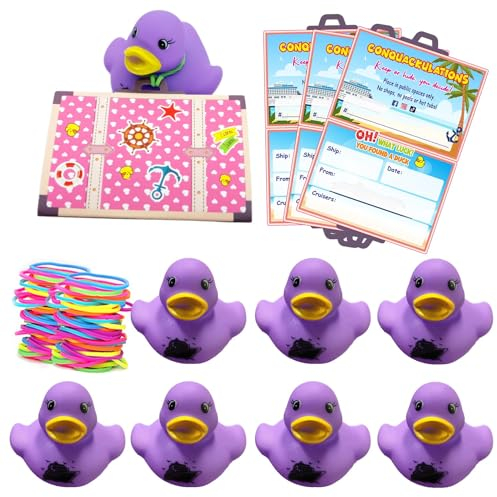 Cruising Duck Tags, Carnival Ducking Games Cards, Duck Duck Tags, 20 Pack Cruise Duck Tags, 20 Purple Rubber Ducks, 20 Rubber Bands (Purple Rubber Duck)