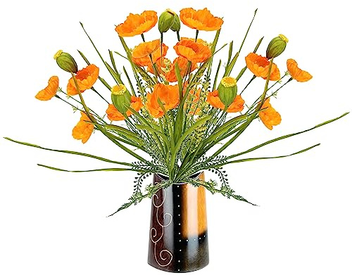 Mohnblumenbusch in Vase 47 cm – künstliche Mohnblumen Deko Orange | Dekorativer Kunstblumenstrauß mit orangefarbenen Mohnblüten und Vase – dauerhaft schöne Blumendeko ohne Pflege