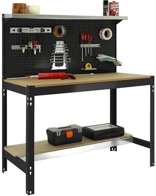 Simon Rack Banco da lavoro per officina, capacità di carico 600 kg, 1445x1210x610 mm, tavolo da lavoro fai da te, Antracite/Legno - BT3