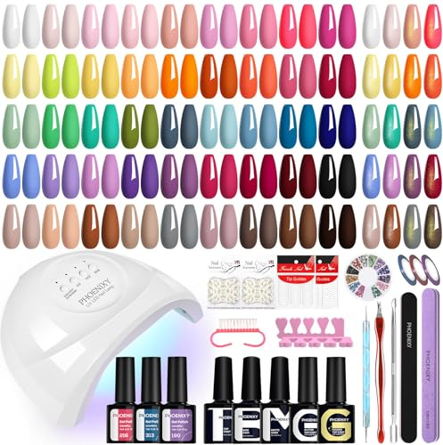 Phoenixy Gel Nail Polish Set, 50Pcs Gel Nail Kit with 48W U V Lamp Starter Kit 45 Colours Nails Polishes with Base Top Matte Glitter Coat Nails Art Gifts for Women
