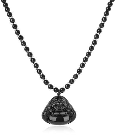 COAI Unisex Naturstein Perlenkette mit Onyx Obsidian Maitreya-Buddha