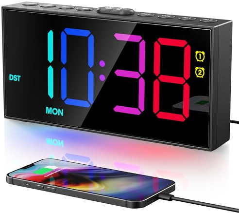 Digital Alarm Clock for Heavy Sleepers, 7.5-Inch RGB Display, Dual Alarms