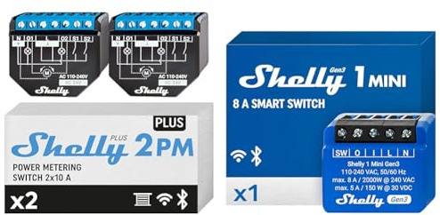Shelly Plus 2PM e Plus 1 Mini Gen3, Interruttori Relè Intelligenti Wi-Fi e Bluetooth, 16A, 2 Canali, Controllo Smart