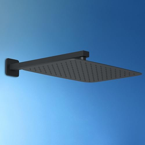 JOHO Alcachofa de ducha de lluvia con brazo de ducha a prueba de bombas, cabezal de ducha empotrable de acero inoxidable 304 con brazo de pared 37 cm, negro (35x 25 cm/37 cm)