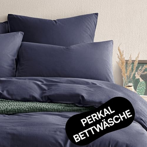 Seralino Perkal Bettwäsche 135x200 Dunkelblau mit Kopfkissenbezug 80x80, 100% Bio Baumwolle, Weiche Stonewashed mit Reißverschluss