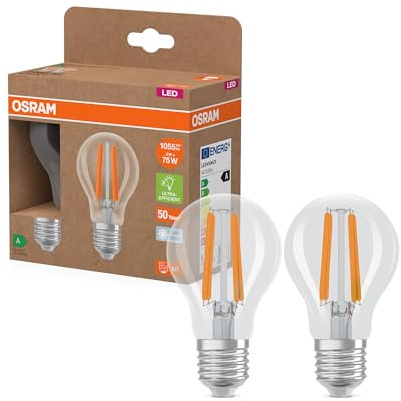 Osram Energy Class LED-Lampe in klassischer Kolbenform, 5 W / 1055 lm, EEK A, kaltweißes Licht (4000 K), CRI 80, aus klarfarbenem bleifreiem Glas, E27 Sockel, IP20, 60 mm Durchmesser.