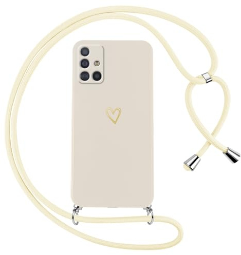 Oelrstfe Handyband für Samsung Galaxy A51 4G Hülle mit Band Herz Motiv Handyhülle für zum Umhängen Silikon Stoßfest Ultra Dünn Weich Schutzhülle mit Kordel Necklace Kette Love Muster Case,Weiß