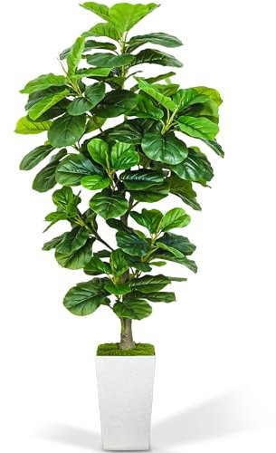 KOPWVA Artificial Fiddle Leaf Fig Tree 6ft, 6 Feet Large Tall Fake Plants Indoor with Modern Style Planter, Artificial Silk Tree for Home Office Living Room Decor Indoor, More Lifelike & Lush (White)