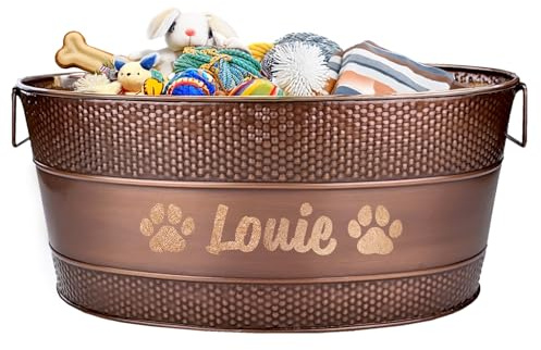 BREKX Personalized Metal Dog Toy Bin - Copper Galvanized Storage Bin with Handles, Basket for Pet Toys, Dog Toy Box, Pet Storage - Custom Dog Name Gift (Large)