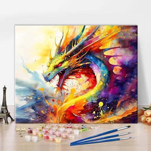 BINGQIAN Kit de peinture par numéros pour débutants - Motif dragon coloré - Avec pinceaux et peintures acryliques - Sans cadre - Décoration d'intérieur - 40 x 50 cm
