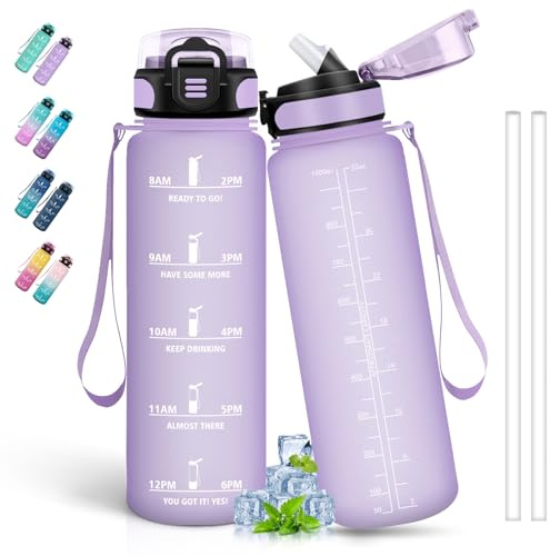 Gourde 1l, Gourde Sport pour Adulte, Gourd avec Paille Anti-Fuite, Gourd Motivation avec Slogan de Motivation, Gourdes de Camping et Randonnée, Facile à Nettoyer, pour Gym, Fitness, Cyclisme, Violet