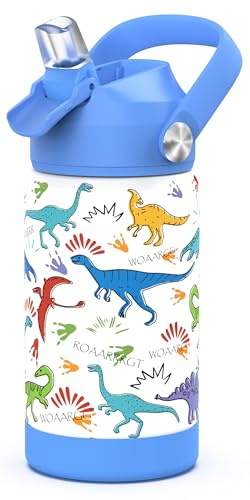 Ntswasd Trinkflasche Edelstahl Strohhalm-Thermosflasche 350ml-BPA Frei-Auslaufsicher-Thermo Wasserflasche für Schule,Sport,Kinder（Dinosaurier-Blau）