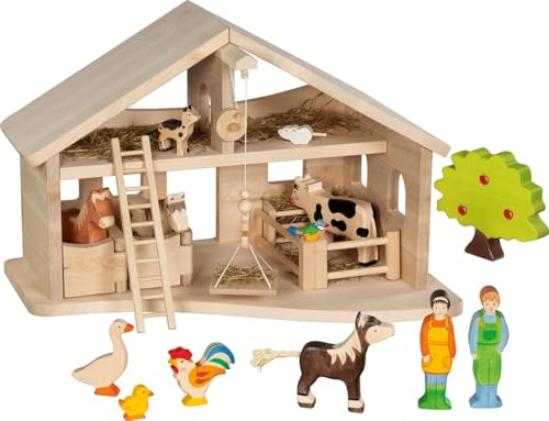 Holztiger 80613 – Holz-Stall mit Seilwinde – naturbelassener Spielstall für Bauernhoftiere, 56,5 x 38 x 38,5 cm, ab 3 Jahren