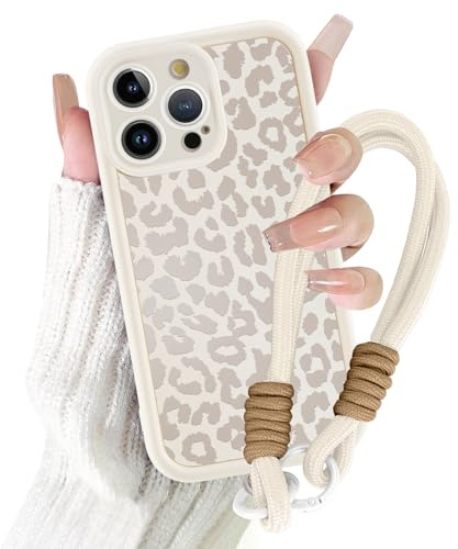Coalbooliy Handyband Handyhülle für iPhone 16 Pro hülle 6,3'' mit Band Kette, Aesthetic Weißer Leopard Sommer Muster Mädchen Design mit Kordel zum Umhängen Cover Universelles Patch Silikon Case, 01