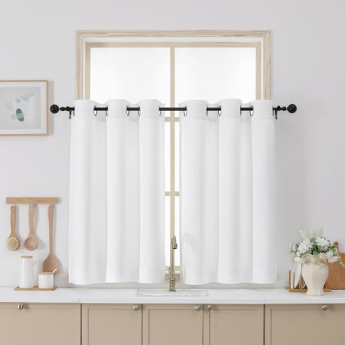 Chyhomenyc White Curtains 36 Inch Length, Light Filtering Faux Linen Textured Small Kitchen Window Curtains Over Sink, Thick Grommet Short Cafe Curtain for Cabinet Bathroom Basement, 40Wx36L, 2PCS