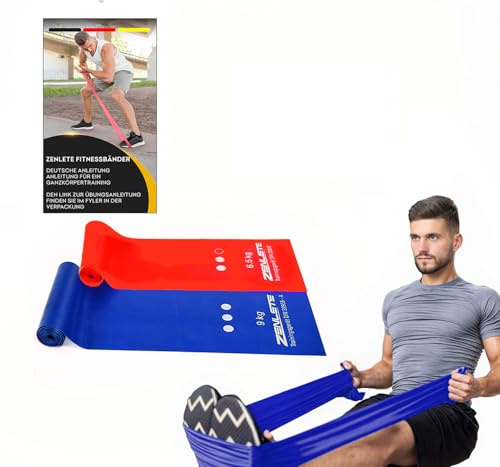 zenlete Fitnessbänder 2er Set Rot Blau 2,5 m lang – Widerstandsbänder Muskelaufbau, Yoga, Pilates & Physiotherapie, Original Fitness-Band Gymnastikband, extra langes Trainingsband