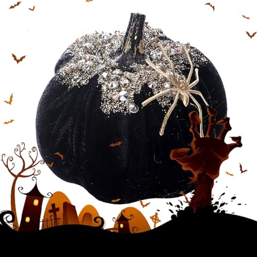 Teksome Estatuilla De Calabaza Brillante - Calabaza Araña con Purpurina y Cristales,Figuras De Terciopelo 3D con Diseño De Araña para Decoración En Ventanas Mesas Puertas Casas Oficinas Hogar