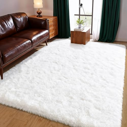 XSIVOD Hochflor Teppich Weiß 120x160 cm, Weicher Teppich Wohnzimmer | Waschbarer flauschiger Hochflor Teppich, rutschfeste Matte für Schlafzimmer, Kinderzimmer und Büro, moderner weicher Teppich