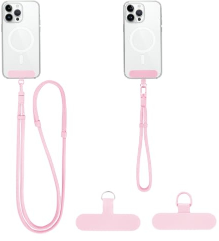 Zidoley 2 Pack Phone Lanyard + Wrist Strap – Anti Theft Phone Strap Set Compatible with Most Mobile Phone, Crossbody Phone Lanyard for Travel, Shopping & Daily Use 2 Patches (Pink)