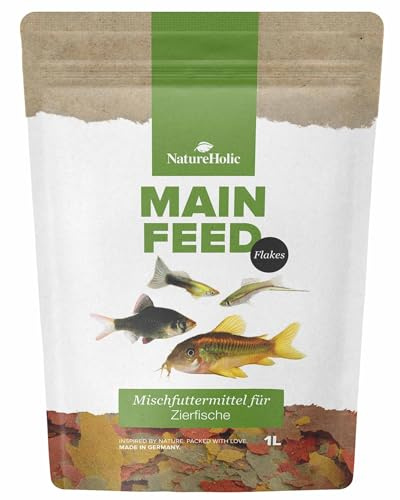 NatureHolic Huvudfeed Flocke – huvudfoder för prydnadsfiskar I helfoder för alla fiskar i akvariet I skonsamt tillverkad I Made in Germany I 1 l