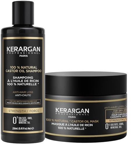 KERARGAN - Schampo & Hårmask med Ricinolja för Skört Hår - 2x250ml | Schampo och hårmask med ricinolja rengör, vårdar svagt hår intensivt och hjälper till att minska hårbrott