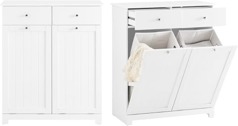 SoBuy Tilt-Out Trash Bin Cabinet with 2 Doors & 2 Drawers for Kitchen | Freestanding Wooden Storage Unit for Dining Room, Laundry, Multi-Function Bin Storage Cabinet, White, W78 x D38 x H90 cm