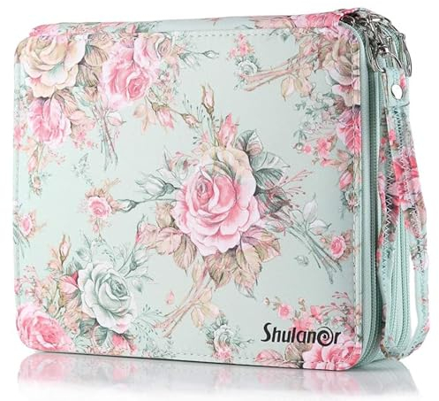 Shulaner 120 Slots Buntstiftetui Federmäppchen mit Reißverschluss Großer Oxford Federmappe 120 Pen Organizer - Rose Grün